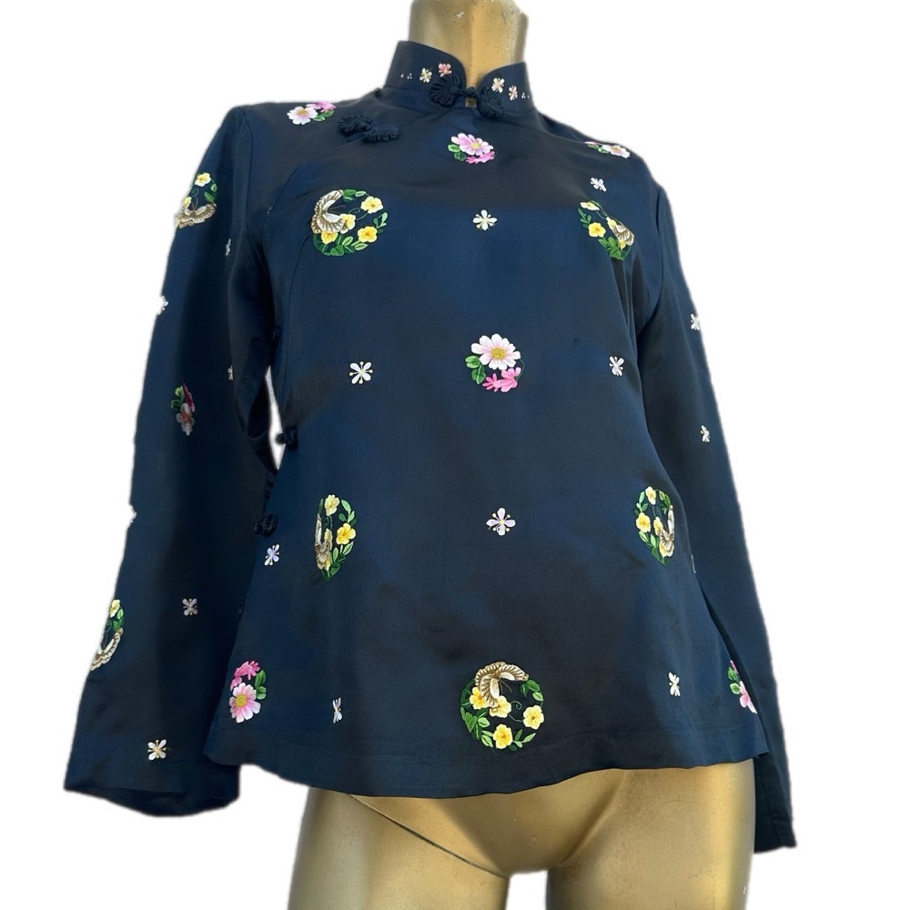 Vintage Chinese Silk Embroidered Top Floral Frog Closure Mandarin Collar 36